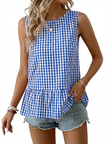 BLENCOT Women's Gingham Sleeveless Ruffle Peplum Tank Top