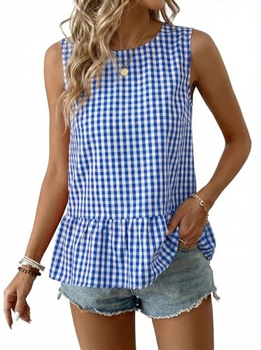 BLENCOT Women's Gingham Sleeveless Ruffle Peplum Tank Top: 34% off