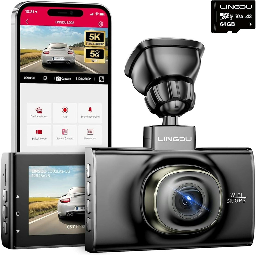 Lingdu 5K WiFi Dash Cam w/ 64GB SD Card: $29.99