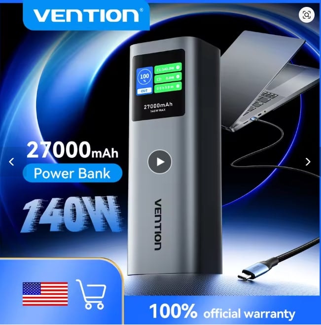 Vention 27000mAh 140W Power Bank TFT Display Battery: $32.24