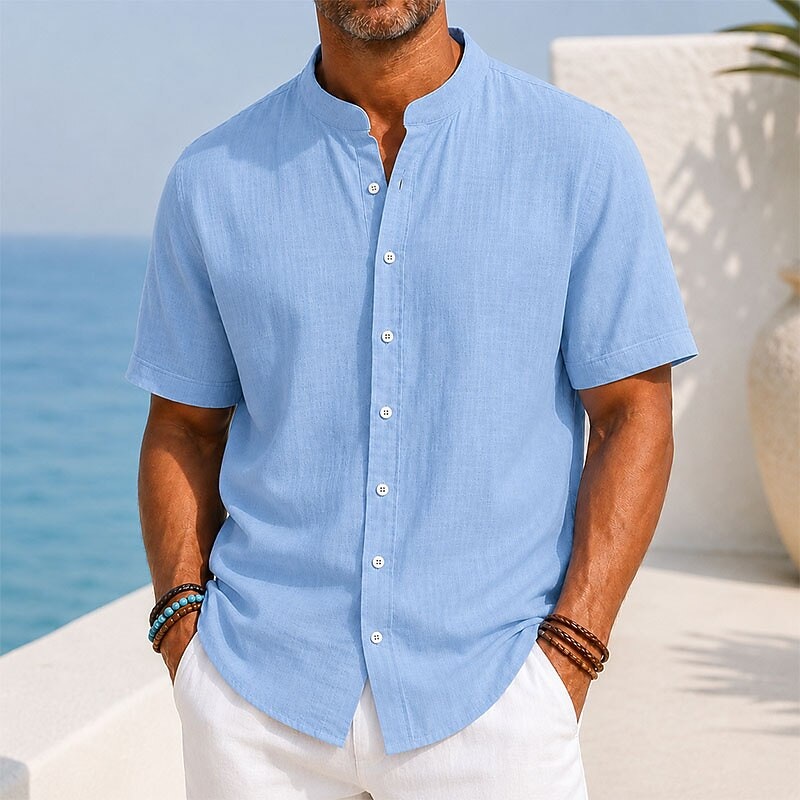 Men's Linen Short Sleeve Band Collar Button-Up Shirt: 2 for $15 Men's Linen Short Sleeve Band Collar Button-Up Shirt: 2 for $15