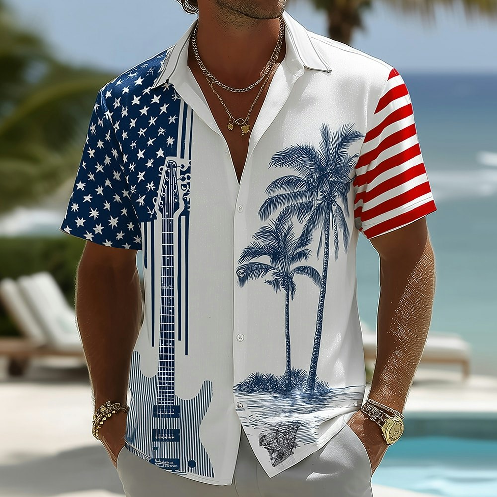 Men's 4th of July American Flag Guitar Button-Up Shirt: 2 for $16