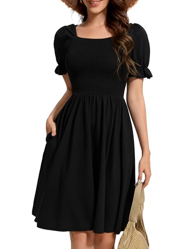 CVCPP Women's Square Neck Puff Sleeve Smocked A-Line Mini Dress