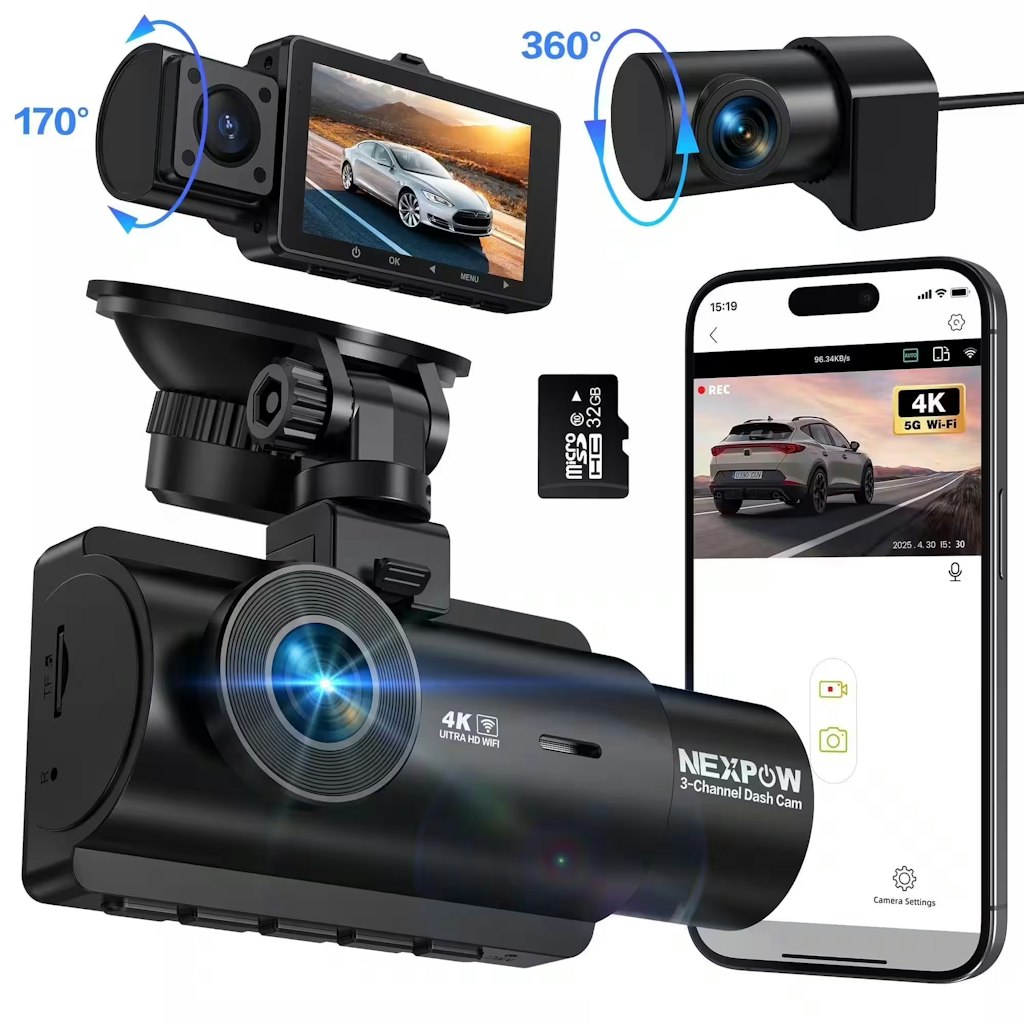 Nexpow 3-Channel 4K Dash Cam: $70