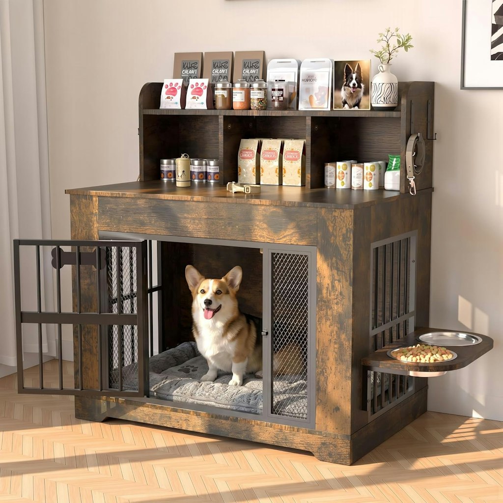 Petrova 33" Dog Crate Furniture with Storage Shelf and Bowls: $119.99