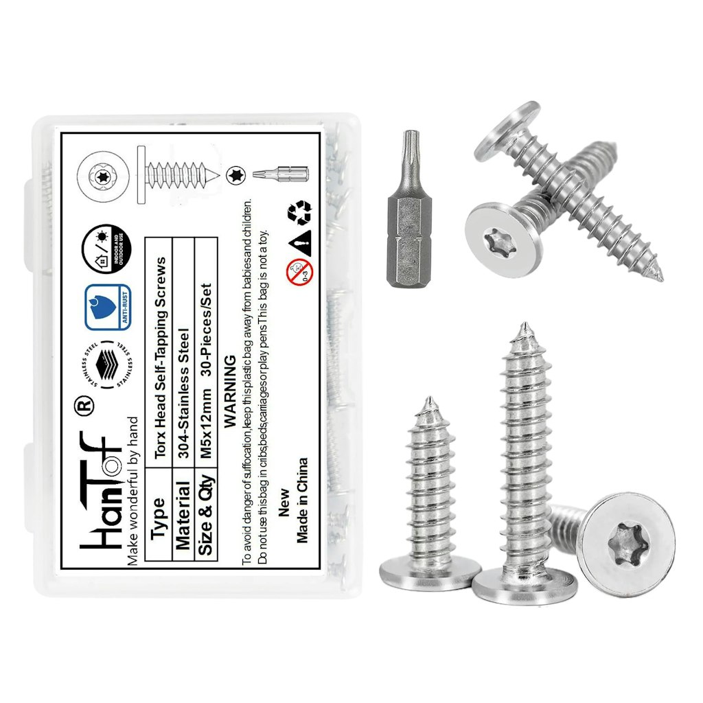Torx Flat Head Self-Tapping Screws M5x12mm w/ T20 Drill Bit (30-Pack): 1-Cent