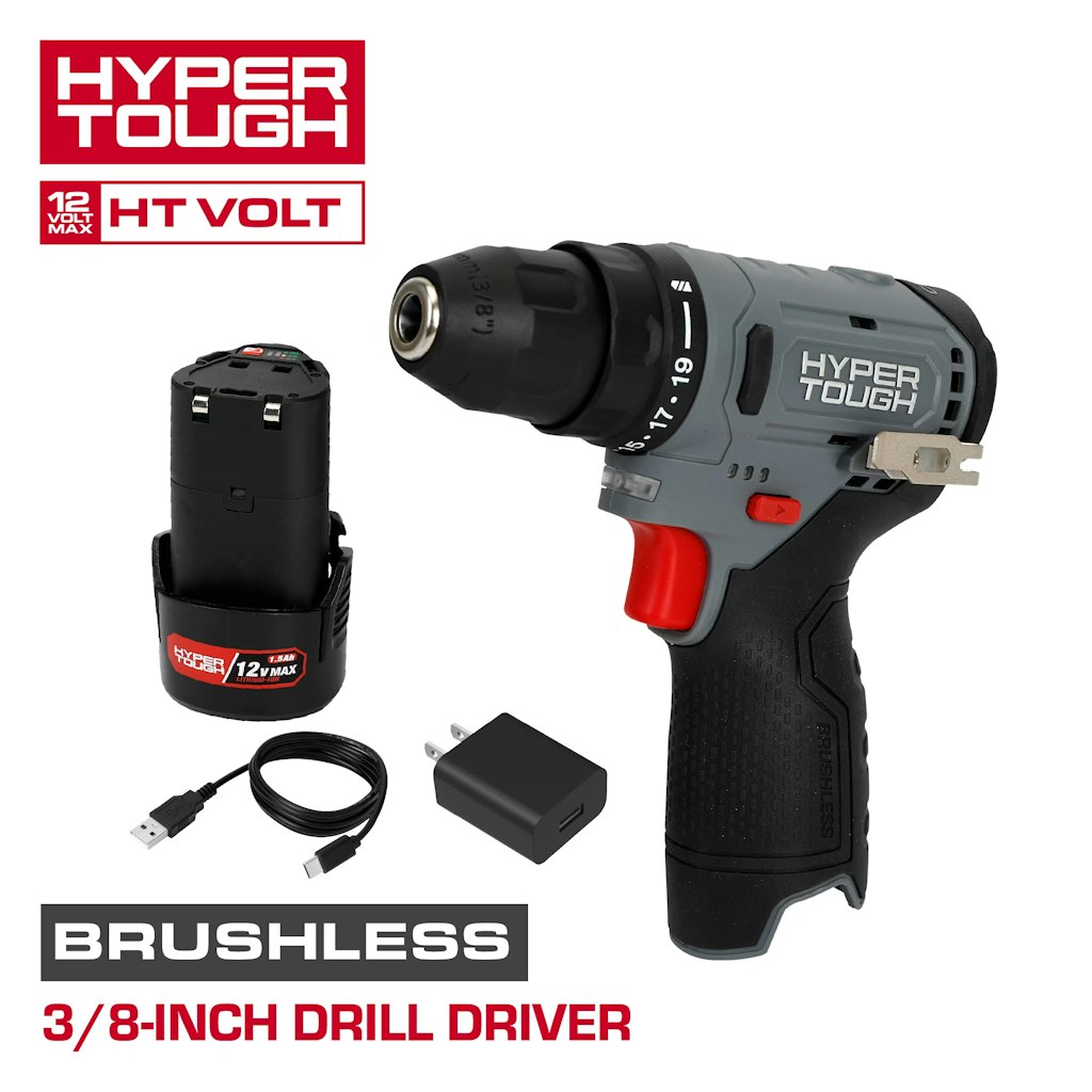 Hyper Tough 12V Brushless Cordless Drill Driver w/ Battery & Charging Cable: $23