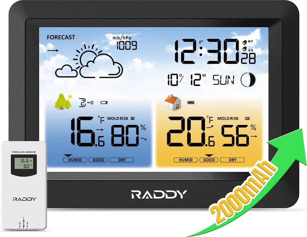 Raddy WM6 2,000mAh Wireless Indoor/Outdoor Weather Station: $27