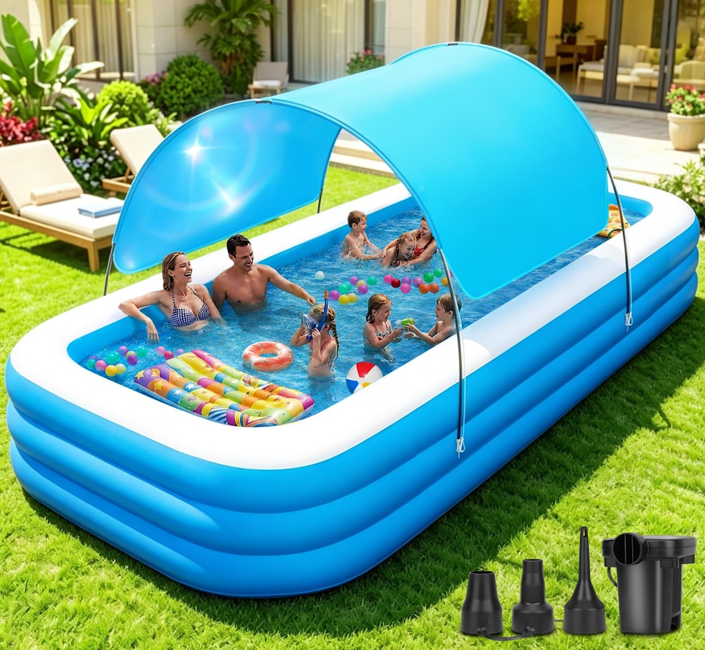 145"x74"x22" Inflatable Pool w/ Canopy & Pump: $130