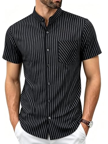 BAYAMO Men's Banded Collar Stripe Short Sleeve Button-Down Shirt: 30% off BAYAMO Men's Banded Collar Stripe Short Sleeve Button-Down Shirt: 30% off