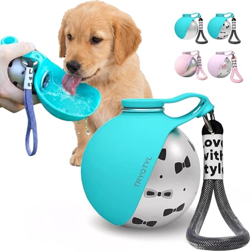 TRYQTYL 10-oz. Stainless Steel Portable Dog Water Bottle w/ Foldable Silicone Bowl