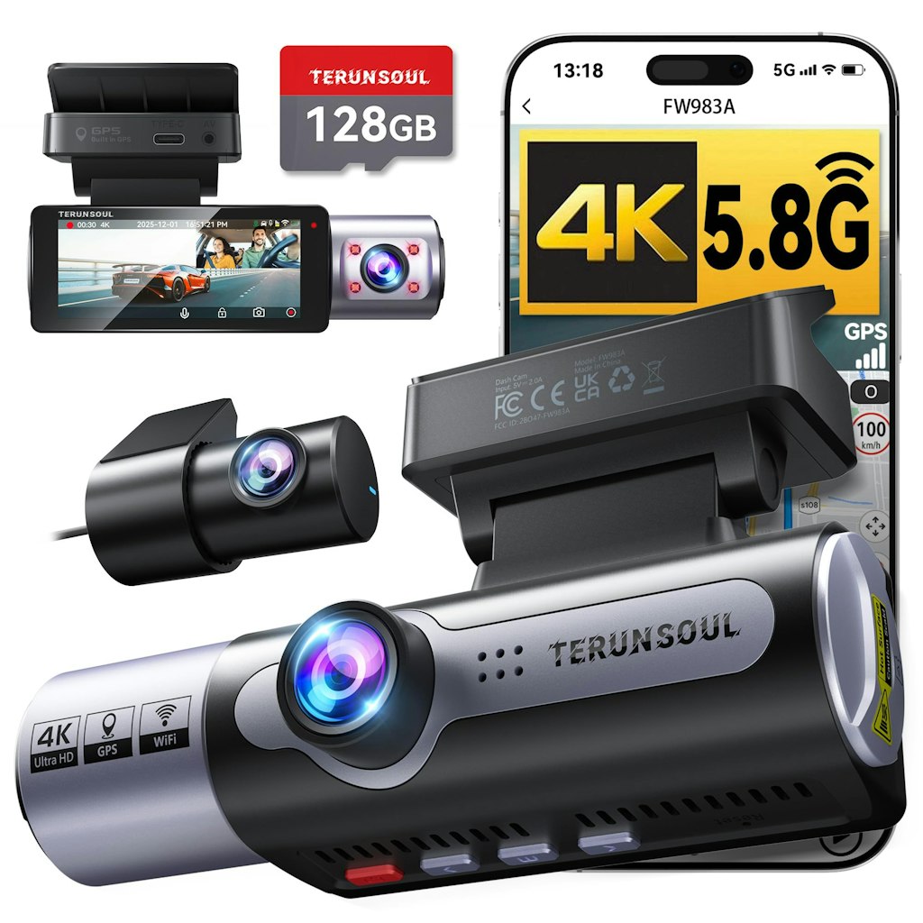 4K 3-Channel Front and Rear Dash Cam w/ 128GB Memory Card: $100