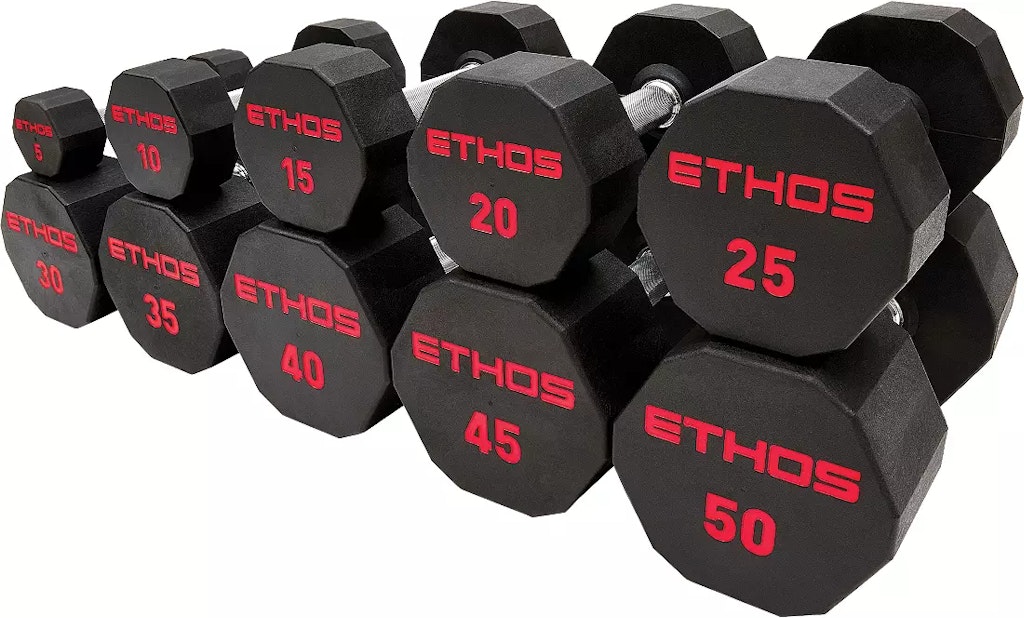 Ethos Rubber Hex Dumbbells: From $15