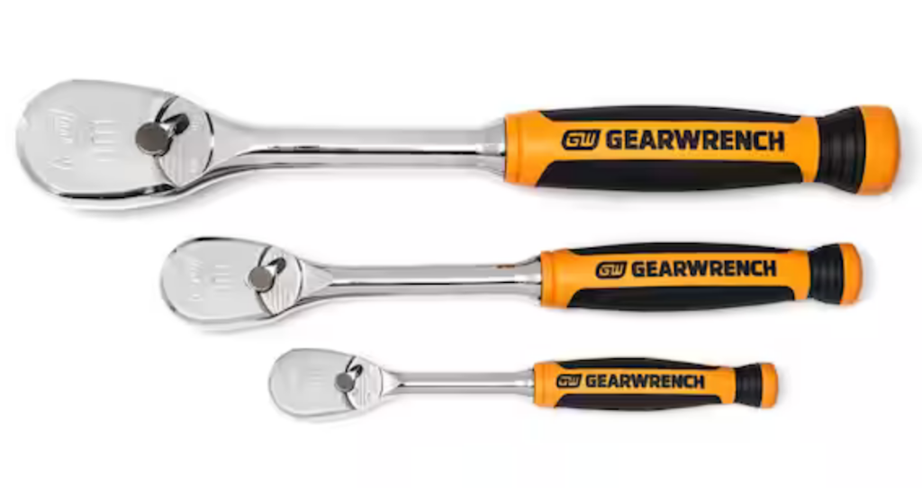 GearWrench 1/4", 3/8", and 1/2" Drive 90-Tooth Dual Material Teardrop Ratchet Set: $86