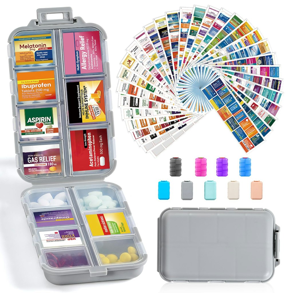 14-Grid Travel Pill Organizer w/ 415-Piece Medicine Name Labels: $6.98