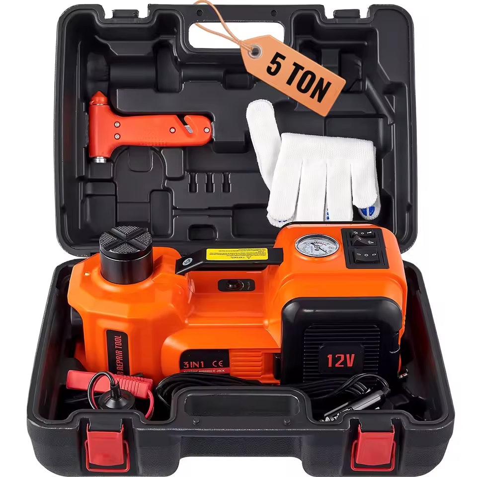 SucceBuy 5T Electric Hydraulic Car Jack w/ Built-in Inflatable Pump & LED Light: $56.07