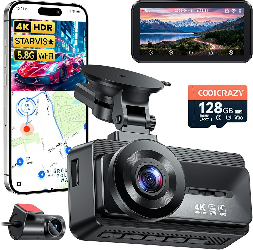 Coolcrazy 4K Dash Cam Front & Rear w/ 128GB Memory Card: $80