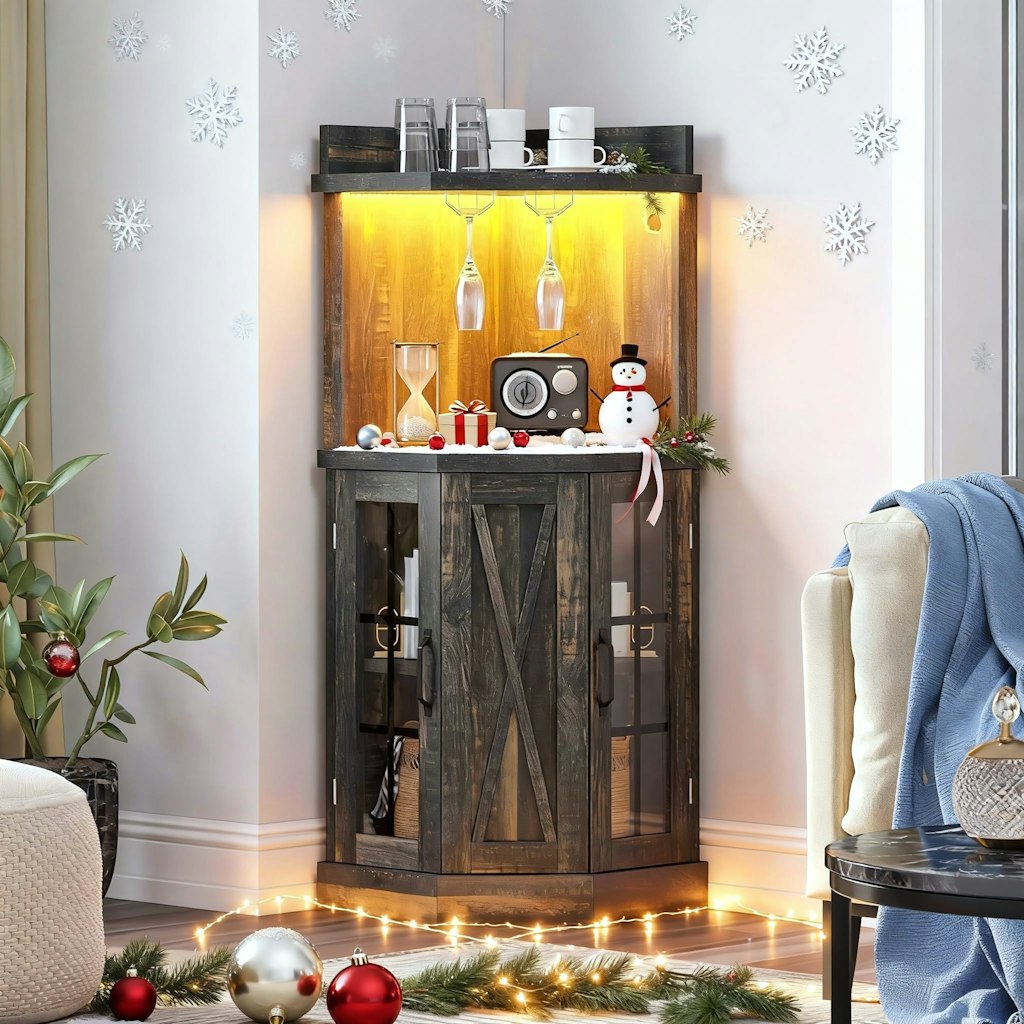 53" Corner Bar Cabinet w/ Glass Holder & LED Lights: $77