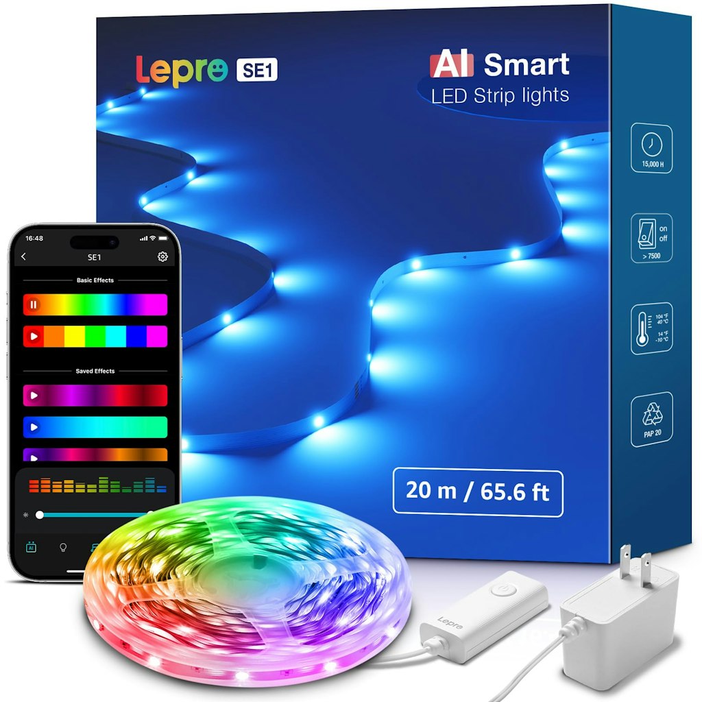 Lepro 65.6-Foot AI Smart RGB LED Strip Lights: $17