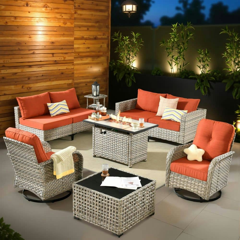 Enchanted 9-Piece Wicker Outdoor Patio Fire Pit Set with Swivel Rocking Chairs: $1,180 Enchanted 9-Piece Wicker Outdoor Patio Fire Pit Set with Swivel Rocking Chairs: $1,180
