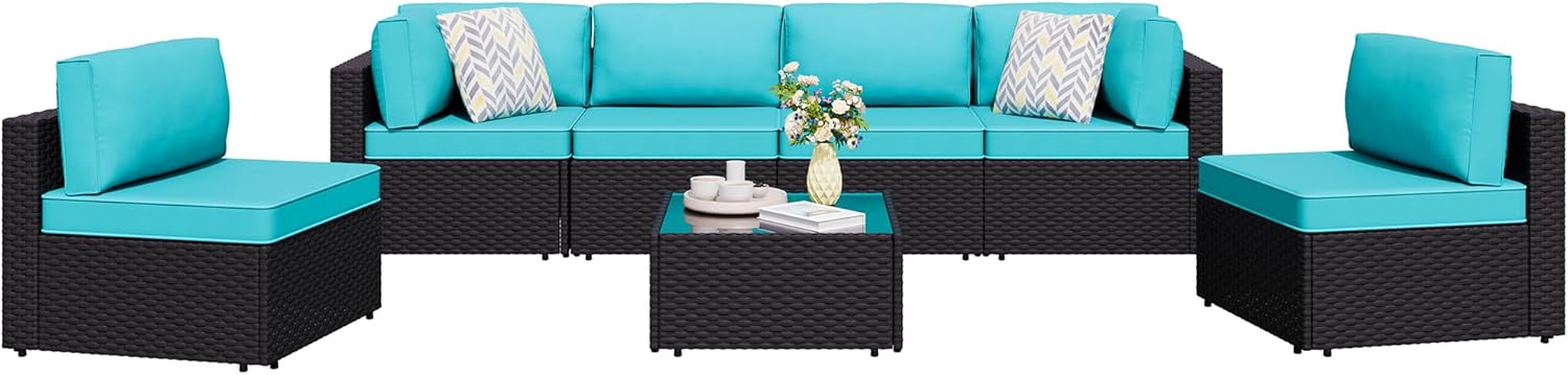 7-Piece Outdoor Patio Sectional Sofa Set w/ Glass Coffee Table for $370 in Blue, $388 in Khaki + free shipping