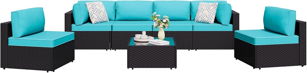 7-Piece Outdoor Patio Sectional Sofa Set w/ Glass Coffee Table: $370 in Blue, $388 in Khaki