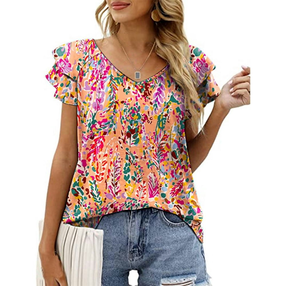 Mengpipi Women's Short Sleeve V-Neck Ruffle Blouse: $10.79 Mengpipi Women's Short Sleeve V-Neck Ruffle Blouse: $10.79