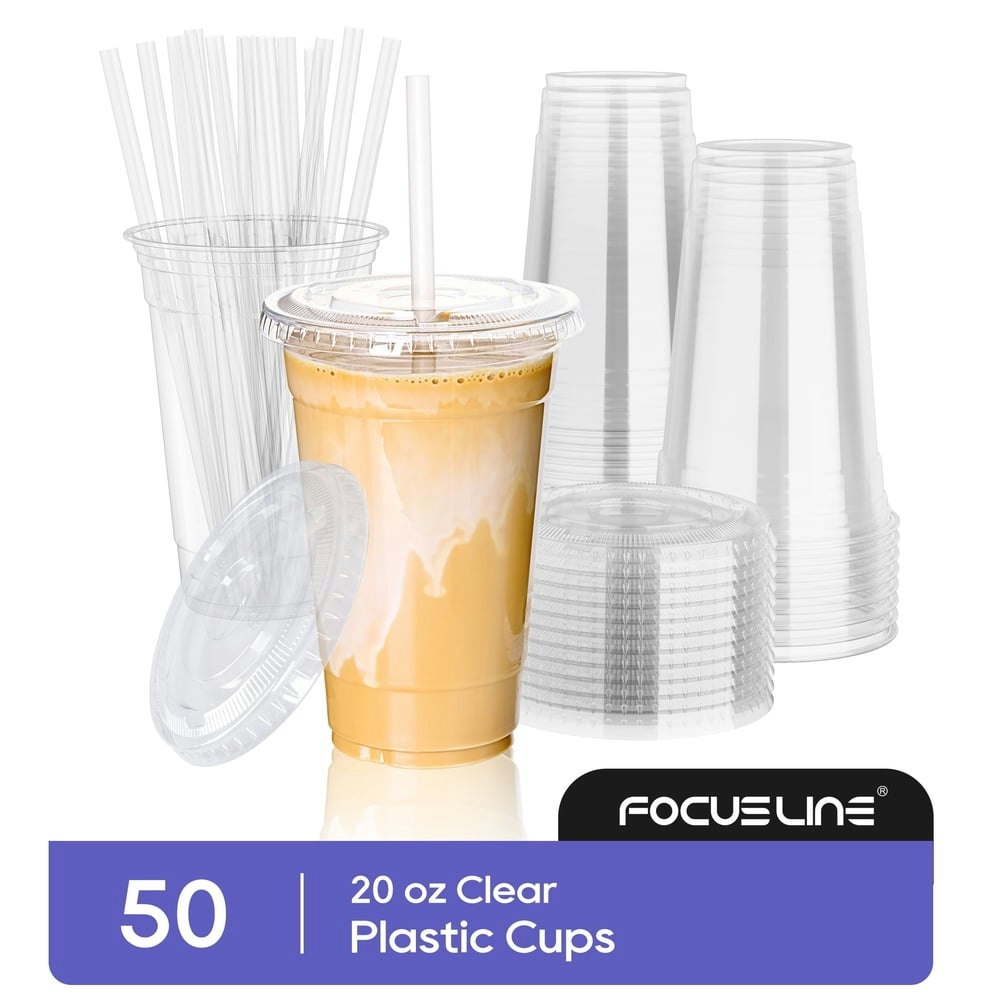 Focusline 20-oz Clear Plastic Cups with Lids 50-Pack: $19.99 Focusline 20-oz Clear Plastic Cups with Lids 50-Pack: $19.99