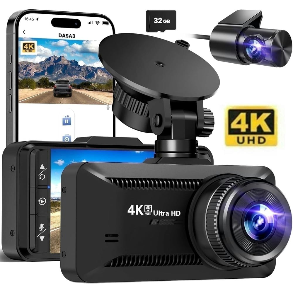 4K Front and 1080p Rear WiFi Dash Cam with 32GB SD Card: $49.99