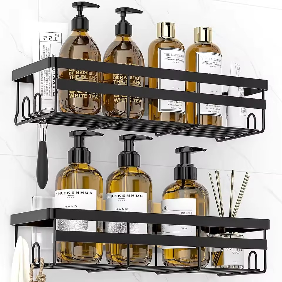 Adhesive Shower Shelf w/ Hooks 2-Pack: $12