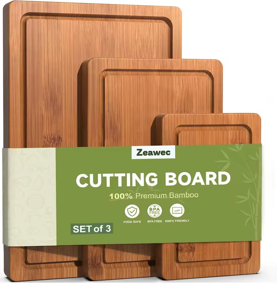 3-Piece Bamboo Cutting Board Set w/ Deep Juice Grooves: $9.58