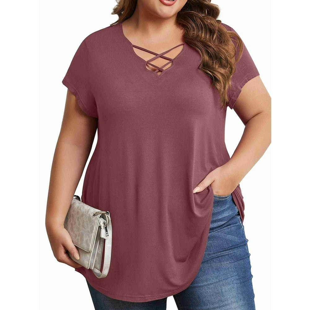 Women's Plus Size Criss Cross V-Neck Short Sleeve Blouse: $12.29 Women's Plus Size Criss Cross V-Neck Short Sleeve Blouse: $12.29