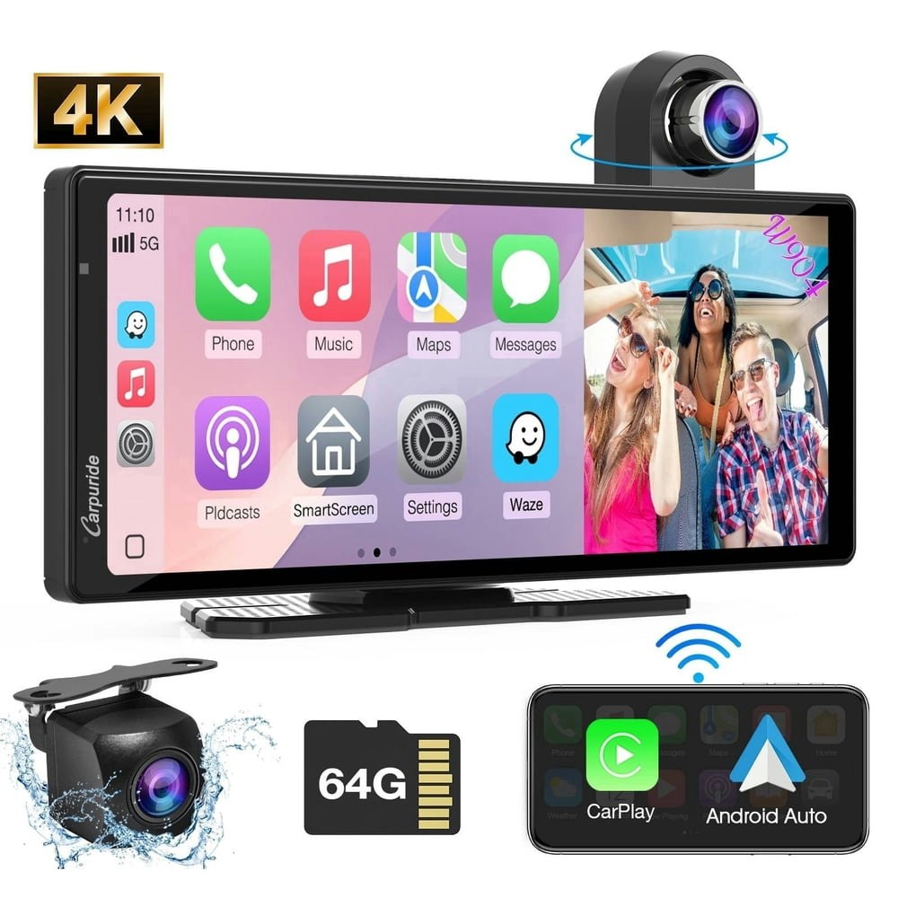 Carpuride 10.26-inch 4K Front and Rear Wireless CarPlay and Android Auto Dash Cam: $149.97