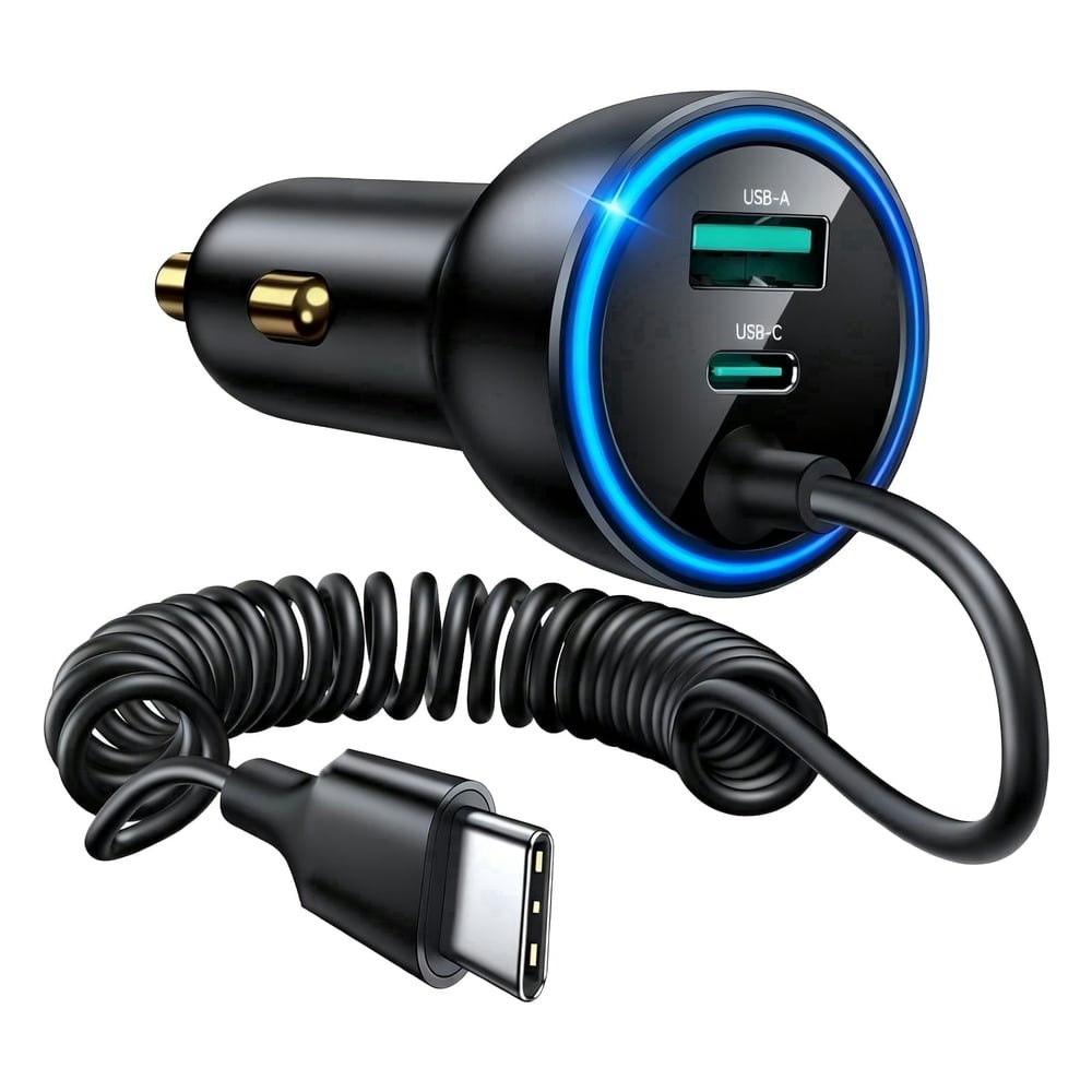 60W Dual Port USB-C Car Charger with Built-in Cable: $16.97