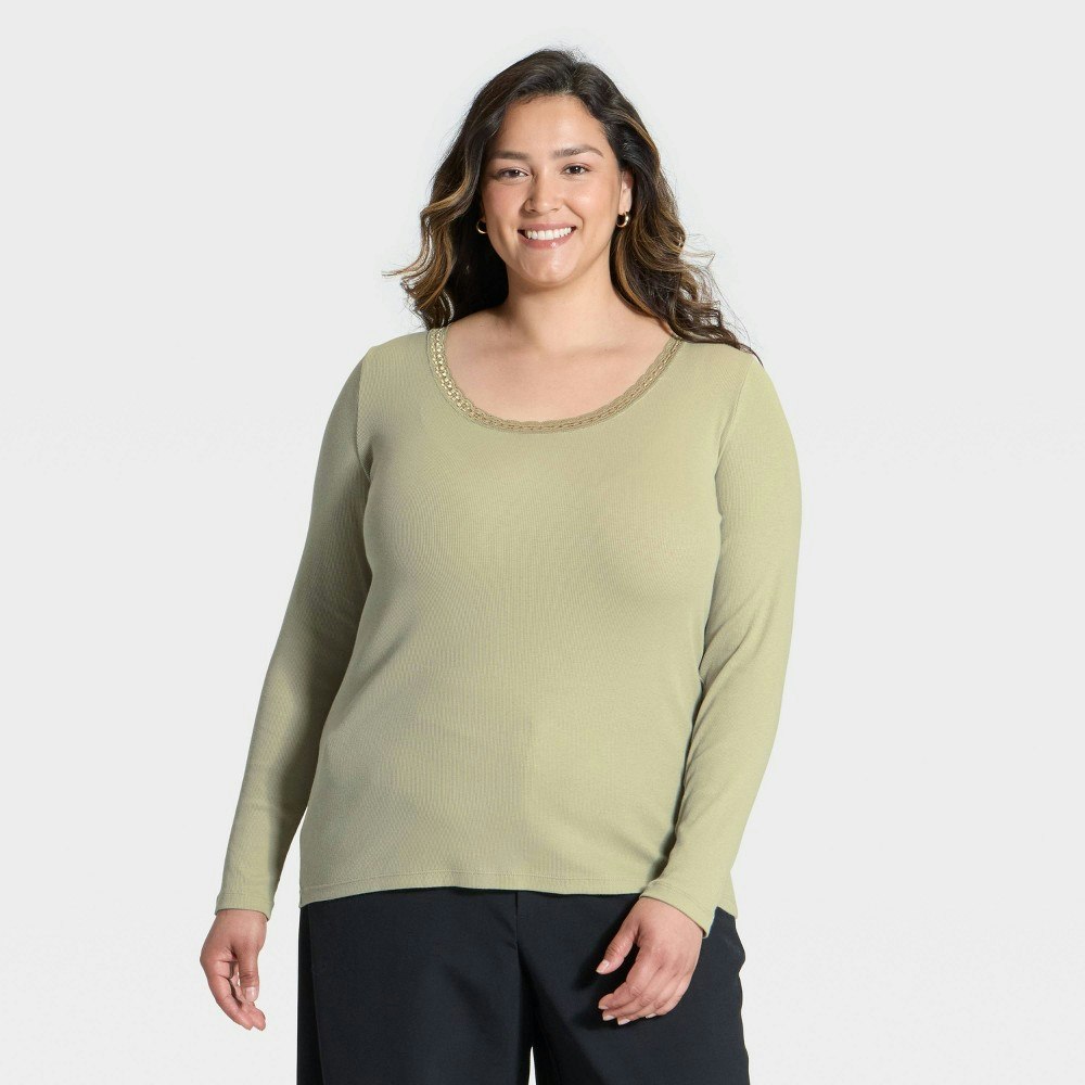 Women's Long Sleeve Lace Trim Scoop Neck Top: $25 Women's Long Sleeve Lace Trim Scoop Neck Top: $25