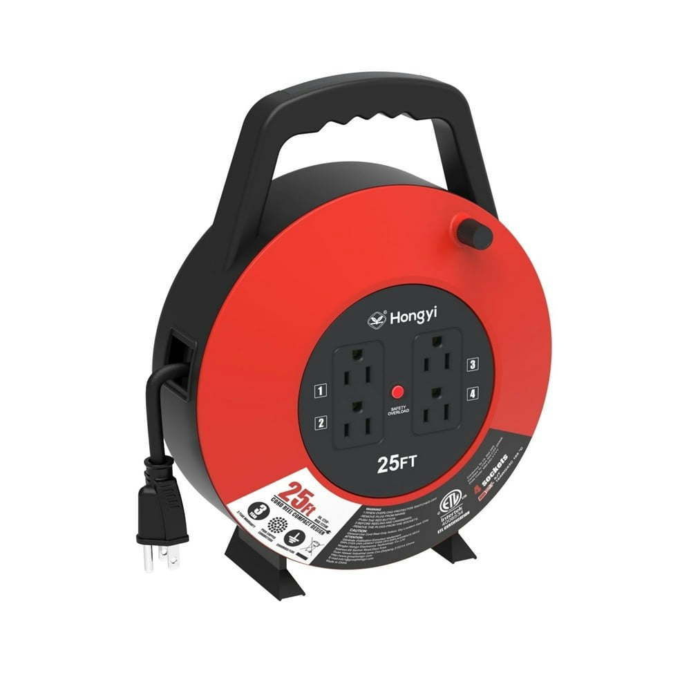 Hongyi 16AWG 25-Foot 4-Outlet Extension Cord Reel: $22.99
