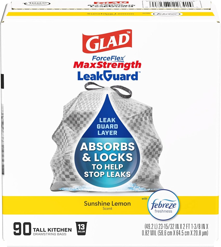 Glad 13-Gallon ForceFlex MaxStrength Drawstring DryTech Lemon Sunshine Trash Bags 90-Count Pack: $17