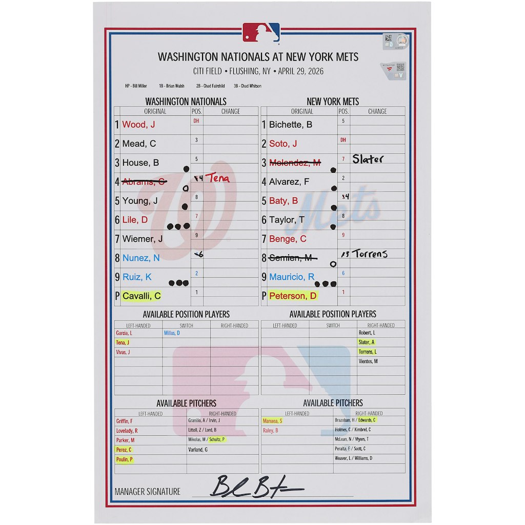 Washington Nationals Game-Used Lineup Card: $174.99 Washington Nationals Game-Used Lineup Card: $174.99