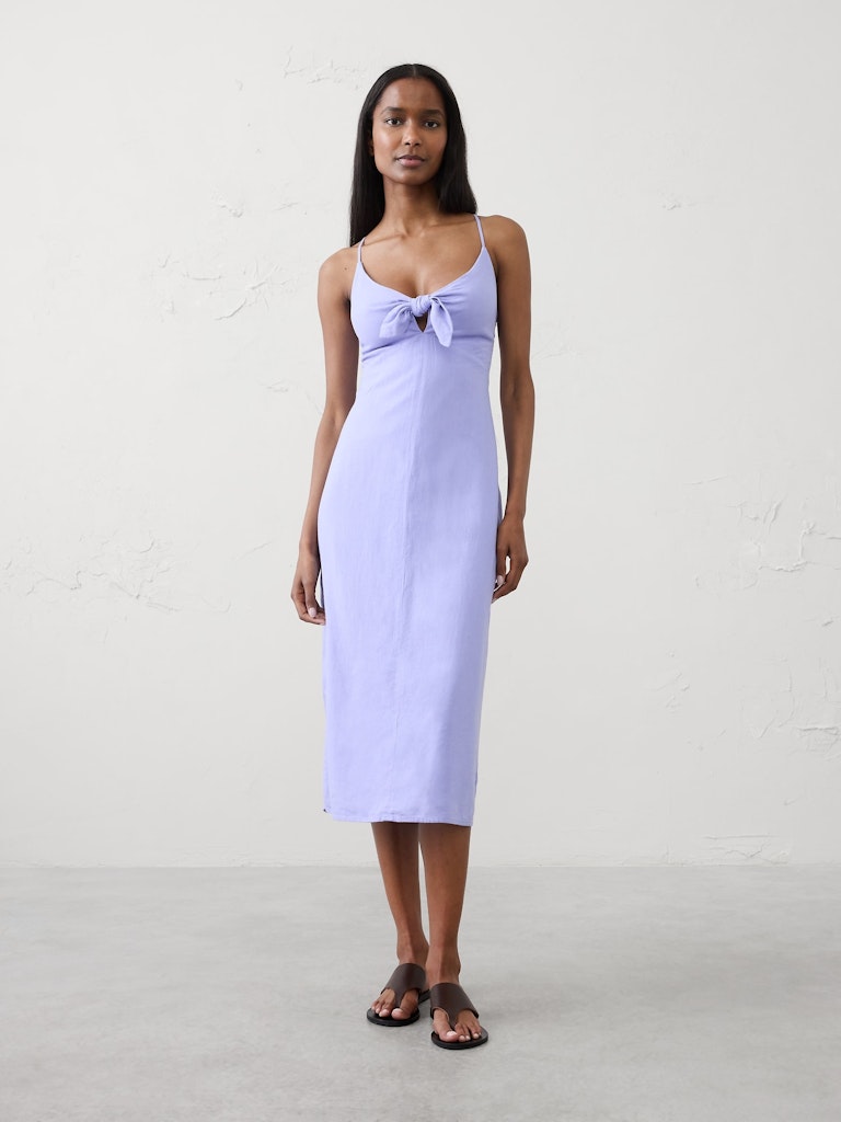 Linen-Blend Tie-Front Midi Dress: $96 Linen-Blend Tie-Front Midi Dress: $96