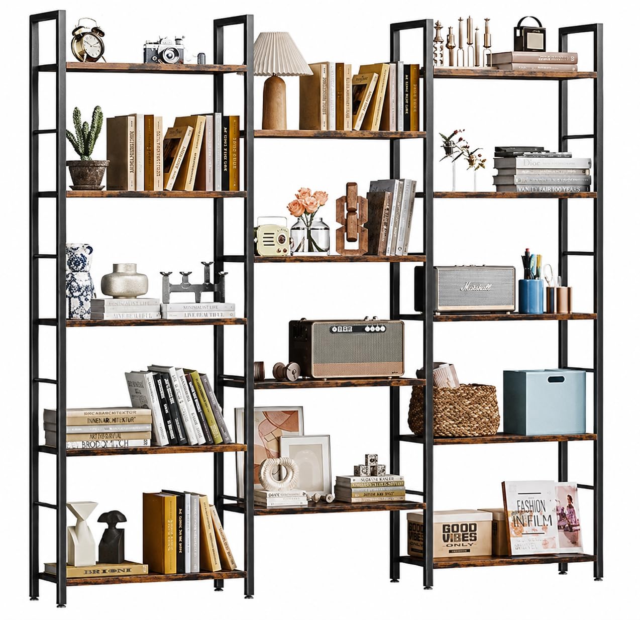 Shintenchi Triple 5-Tier Bookshelf W/ 14 Open Shelves