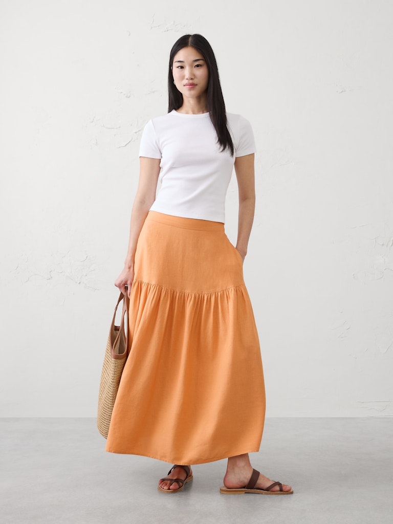 Linen-Blend Tiered Midi Skirt: $60 Linen-Blend Tiered Midi Skirt: $60