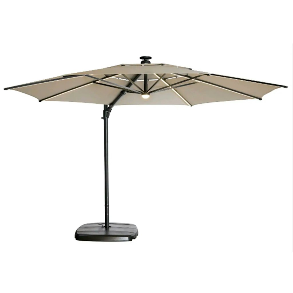 allen + roth 11' Aluminum Slide-Tilt Cantilever Patio Umbrella w/ Lights & Base: $398 allen + roth 11' Aluminum Slide-Tilt Cantilever Patio Umbrella w/ Lights & Base: $398