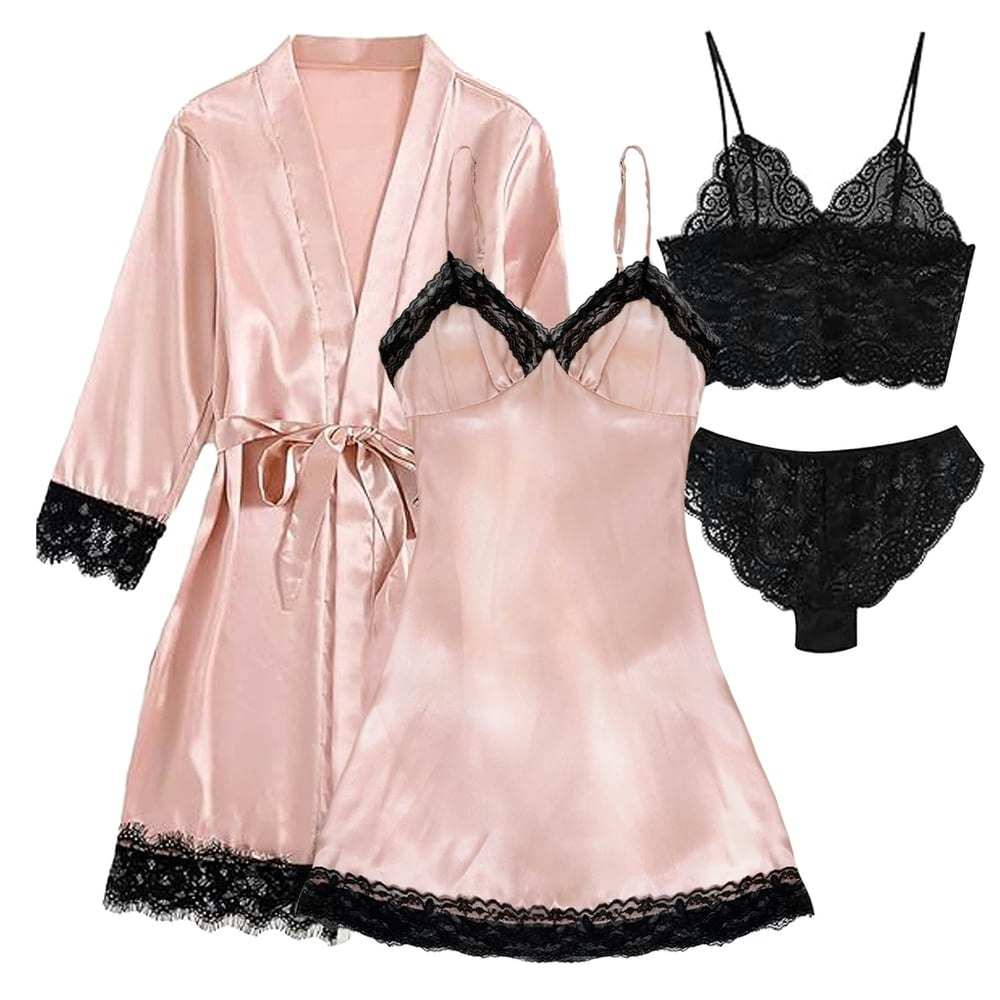 Lofir 4-Piece Satin and Lace Lingerie Pajama Set: $16.15 Lofir 4-Piece Satin and Lace Lingerie Pajama Set: $16.15