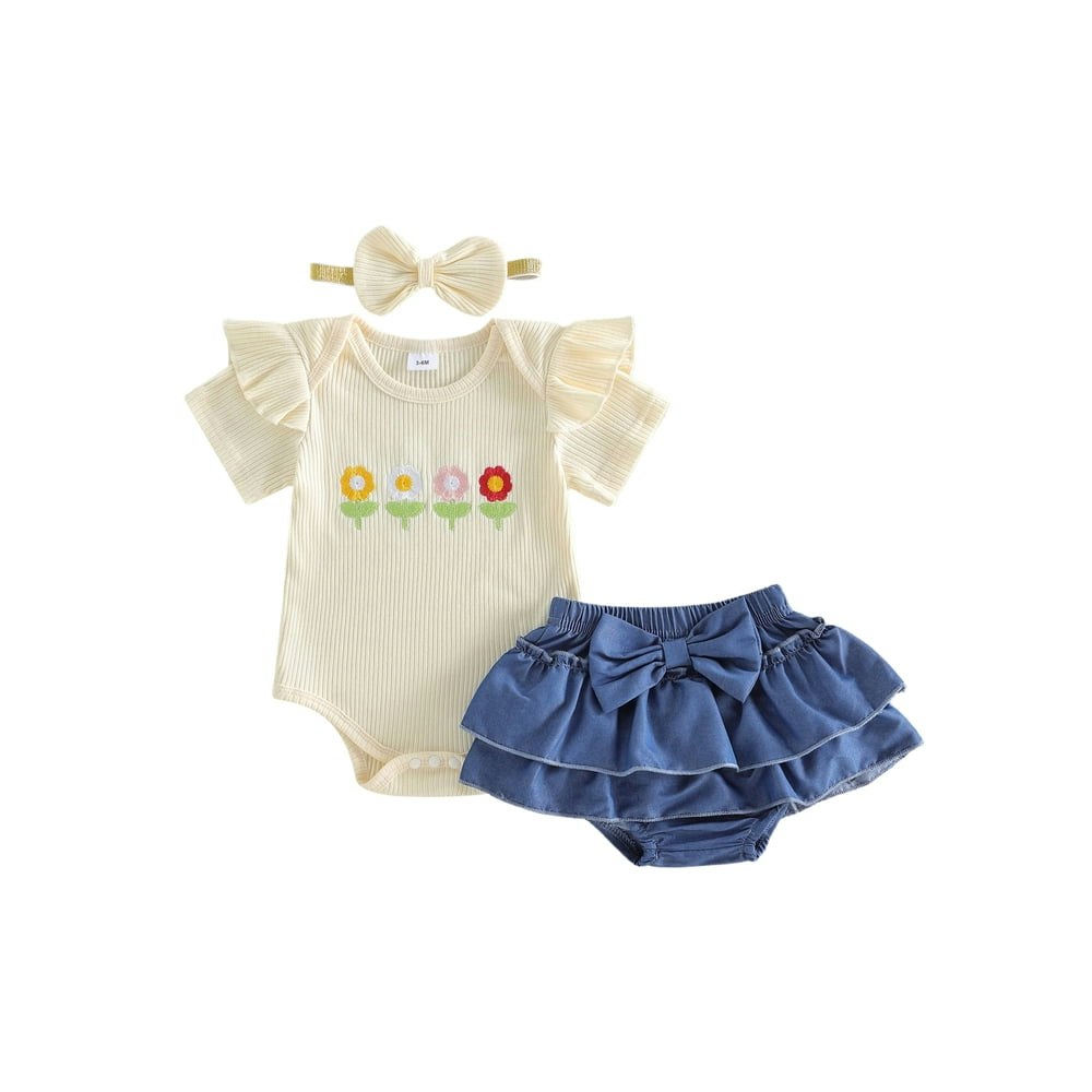 Loicainy Baby Girl Flower Embroidery Jumpsuit and Denim Shorts 3-Piece Set: $14.66 Loicainy Baby Girl Flower Embroidery Jumpsuit and Denim Shorts 3-Piece Set: $14.66
