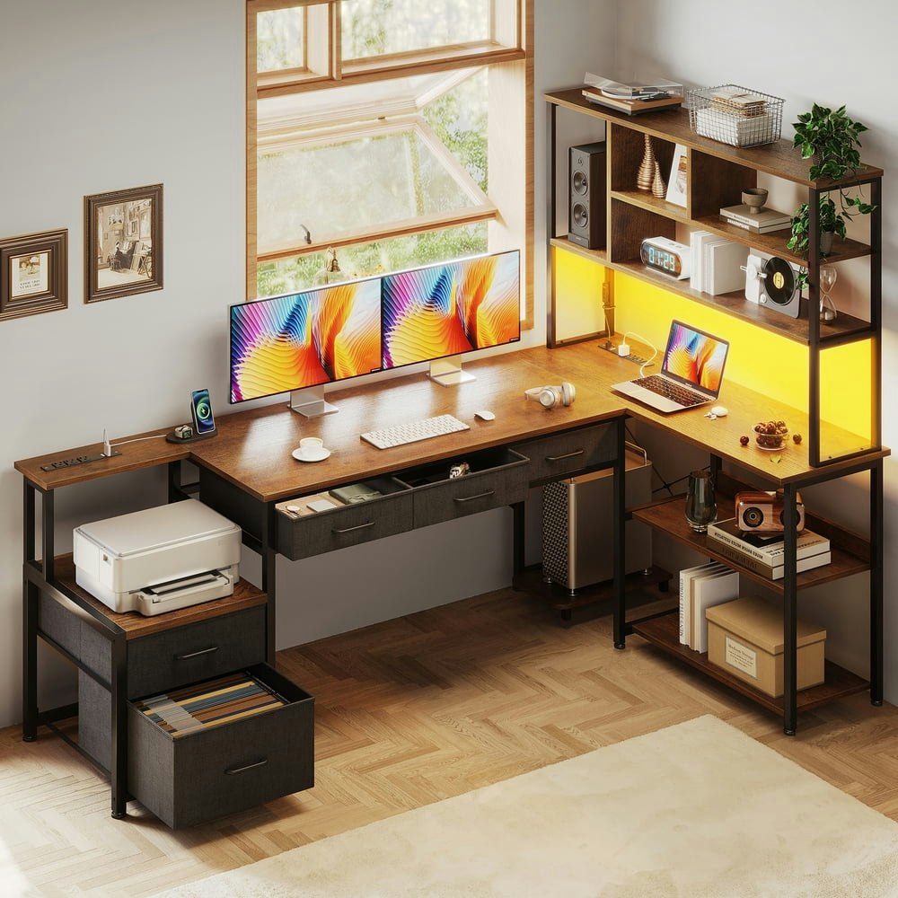 71-inch L-Shaped Desk with File Drawers and Storage Shelves: $134.99 71-inch L-Shaped Desk with File Drawers and Storage Shelves: $134.99
