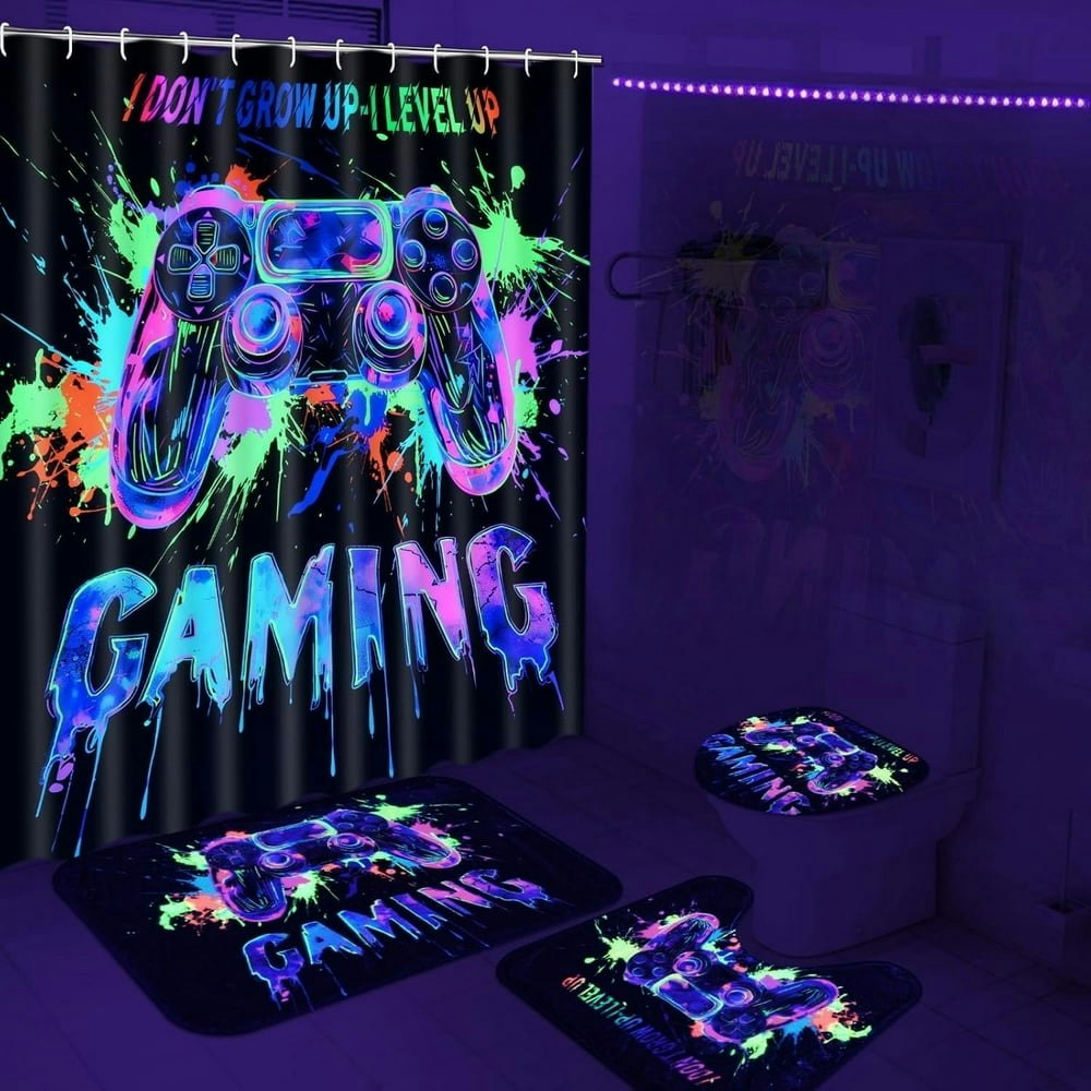Framics 16-Piece Videogame Shower Curtain and Rug Set: $26.99
