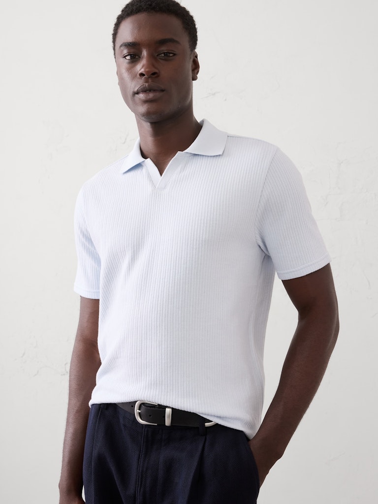 Crinkle Ribbed Johnny-Collar Polo: $35.97