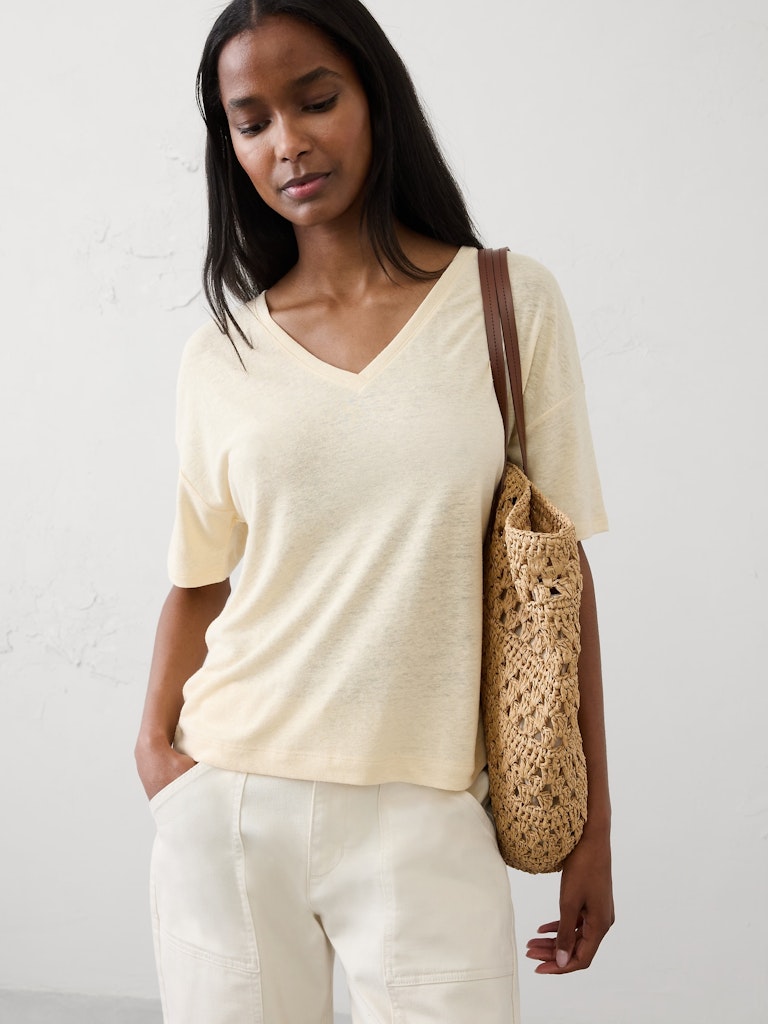 Linen-Blend V-Neck Shirt: $15 Linen-Blend V-Neck Shirt: $15