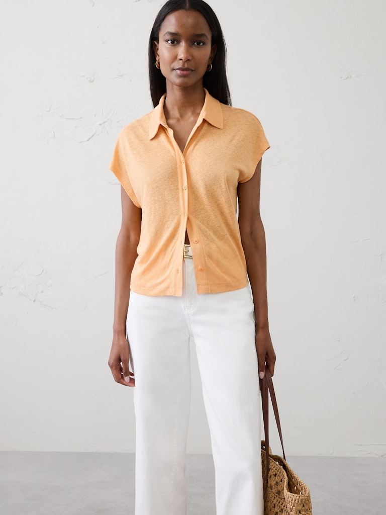 Linen-Blend Collared Top: $15 Linen-Blend Collared Top: $15