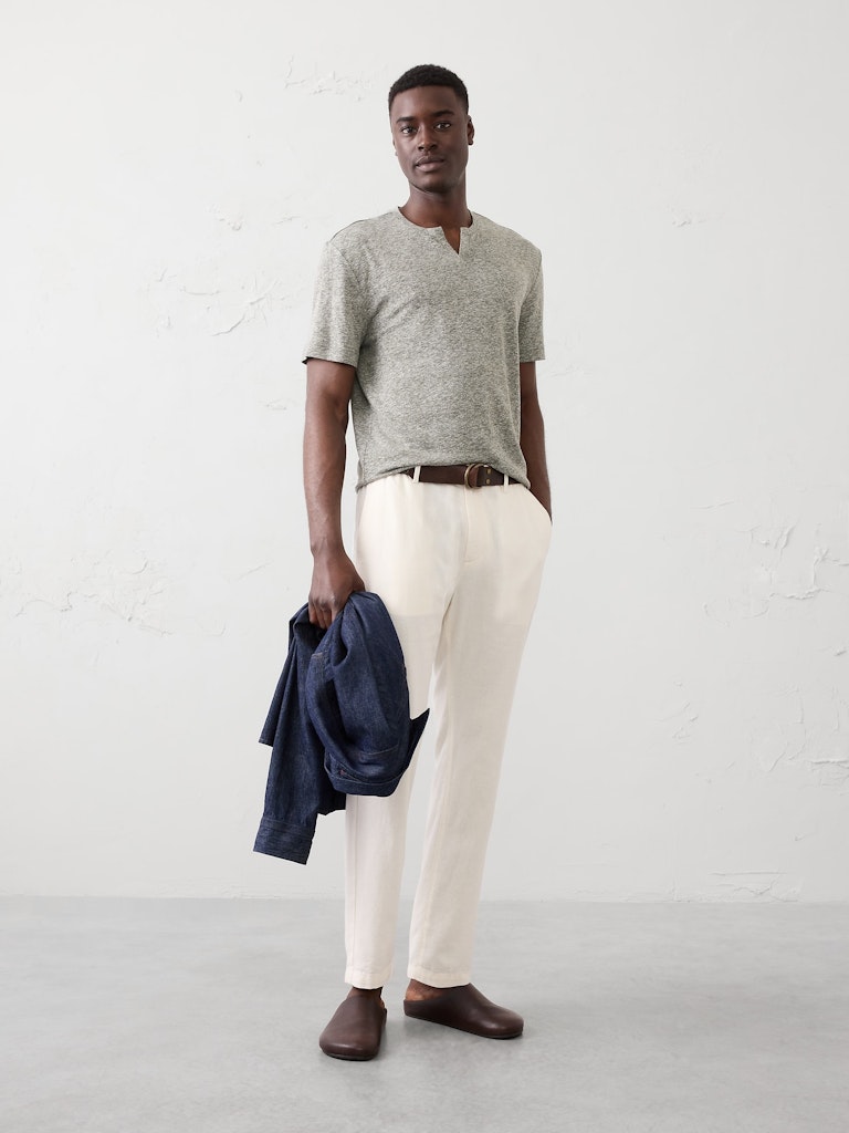 Standard-Fit Linen-Blend Notch Neck T-Shirt: $22.50 Standard-Fit Linen-Blend Notch Neck T-Shirt: $22.50